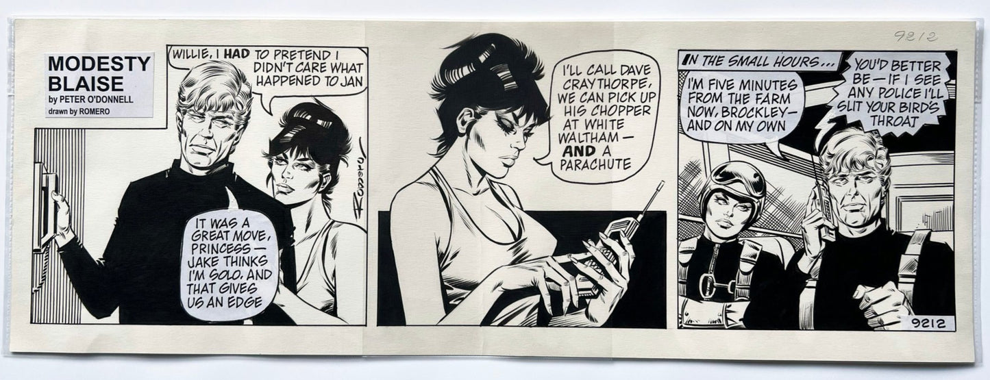 Enric Badia Romero – Modesty Blaise «The Murder Frame», dagsstripe nr. 921 – Original publisert tegneseriestripe, håndsignert av kunstneren