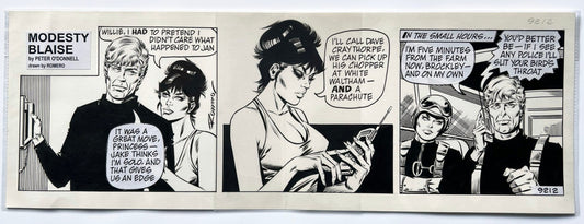 Enric Badia Romero – Modesty Blaise «The Murder Frame», dagsstripe nr. 921 – Original publisert tegneseriestripe, håndsignert av kunstneren